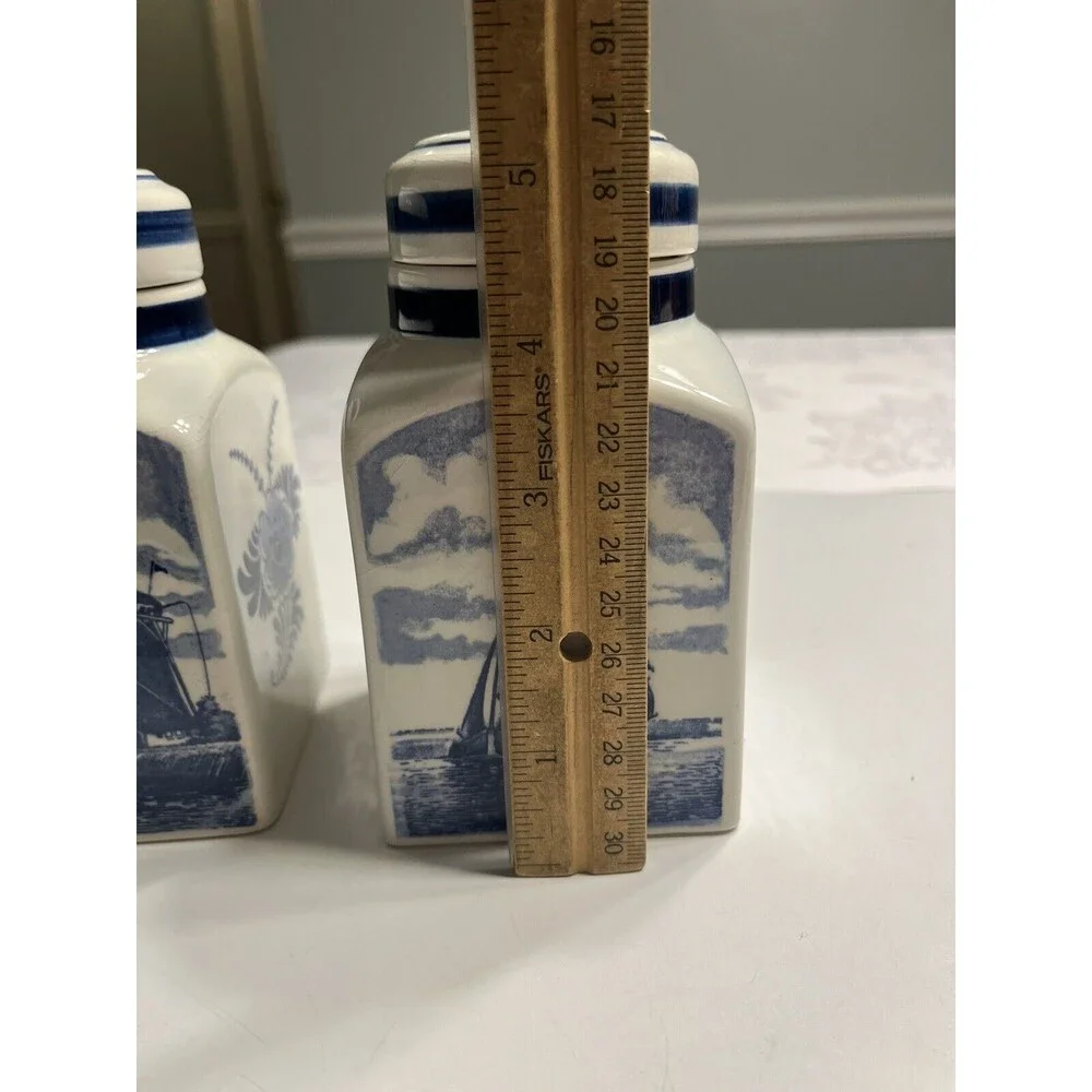 Pair of Delft Blue White Lidded Jars Spice Vanity Windmill Sailboat